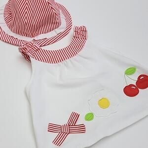 Mayoral Red Cherries and Daisy Sleeveless Top with Matching Stripe Hat 6-9M